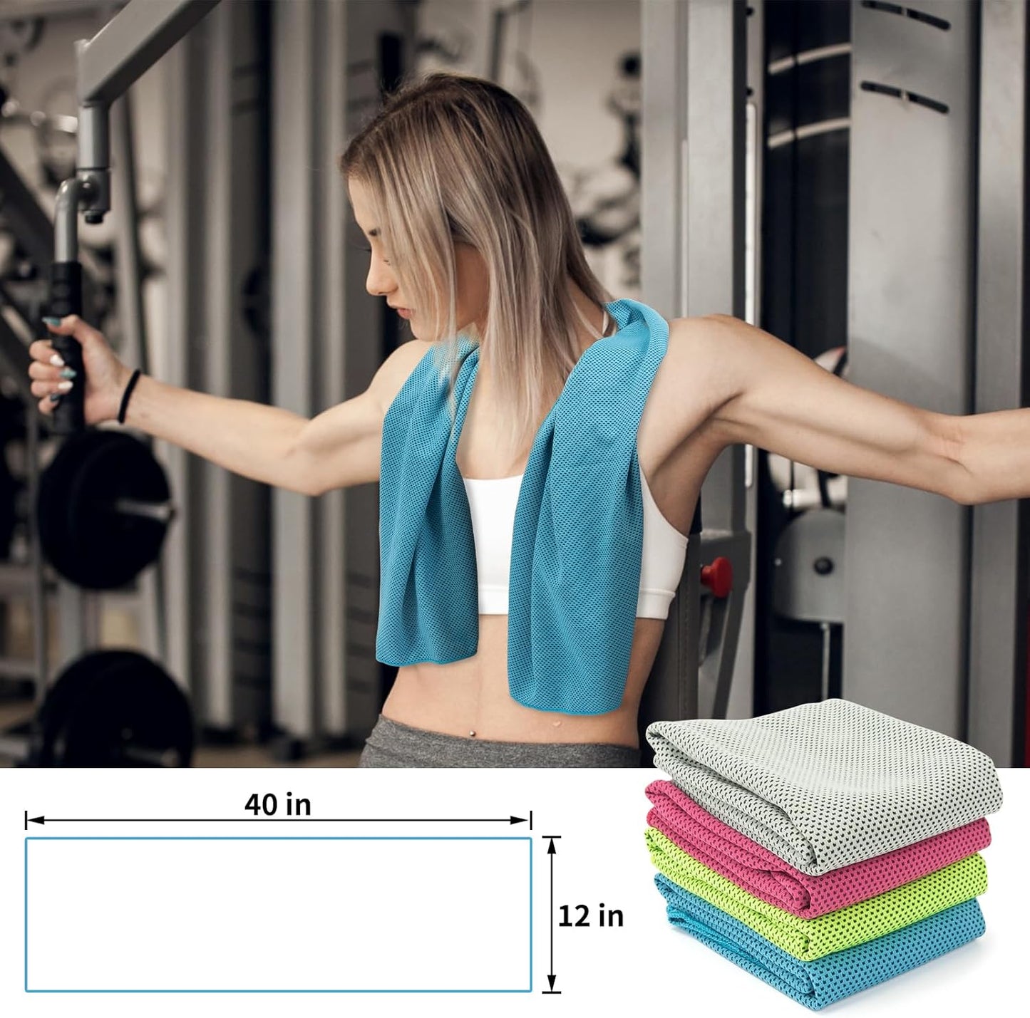 4 Pack Cooling Towel 40"X12", Gym Towels for Men and Women, Soft Breathable Workout Towels for Yoga, Running, Sport, & More (Blue, Grey, Green, Pink)