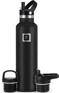 Camping & Hiking Hydration Canteens - 3 Lids (Narrow Straw Lid) Leak Proof Vacuum Insulated Stainless Steel - Hot & Cold Double Walled Sports Water Bottle - Midnight Black, 24 Oz