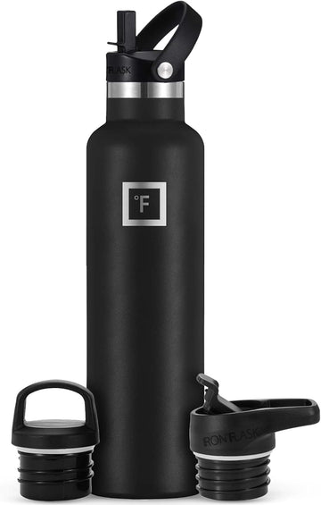 Camping & Hiking Hydration Canteens - 3 Lids (Narrow Straw Lid) Leak Proof Vacuum Insulated Stainless Steel - Hot & Cold Double Walled Sports Water Bottle - Midnight Black, 24 Oz