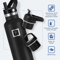 Camping & Hiking Hydration Canteens - 3 Lids (Narrow Straw Lid) Leak Proof Vacuum Insulated Stainless Steel - Hot & Cold Double Walled Sports Water Bottle - Midnight Black, 24 Oz