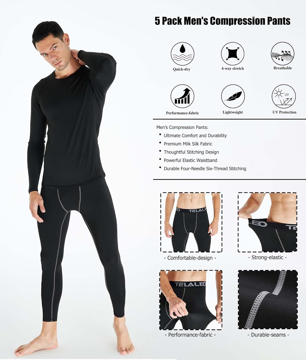 5 Pack Men'S Compression Pants for Workout, Running, Basketball - Sports Baselayer Leggings