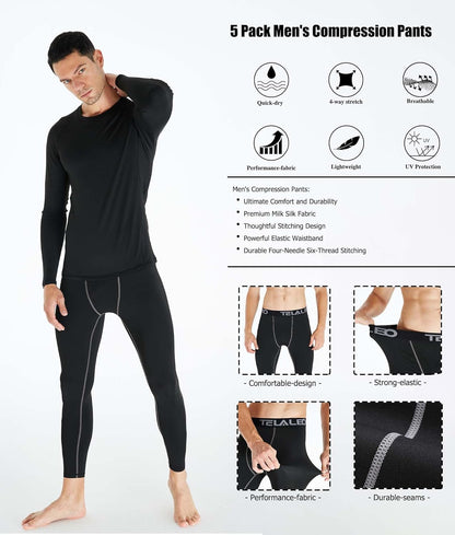 5 Pack Men'S Compression Pants for Workout, Running, Basketball - Sports Baselayer Leggings