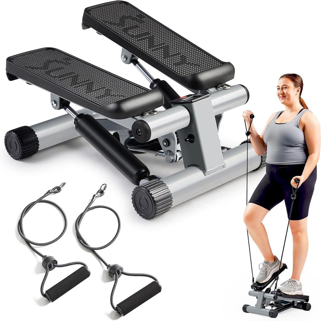Mini Stepper for Exercise at Home, Stair Step Workout Machine with Resistance Band and over 300Lb Weight Capacity, Optional Twist Motion and Free Sunnyfit App Connection