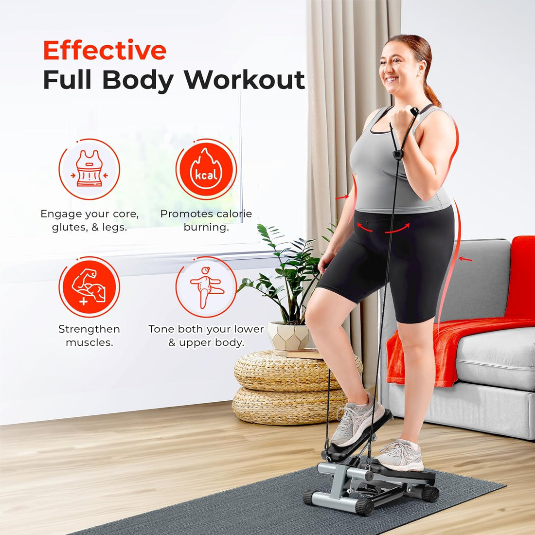 Mini Stepper for Exercise at Home, Stair Step Workout Machine with Resistance Band and over 300Lb Weight Capacity, Optional Twist Motion and Free Sunnyfit App Connection